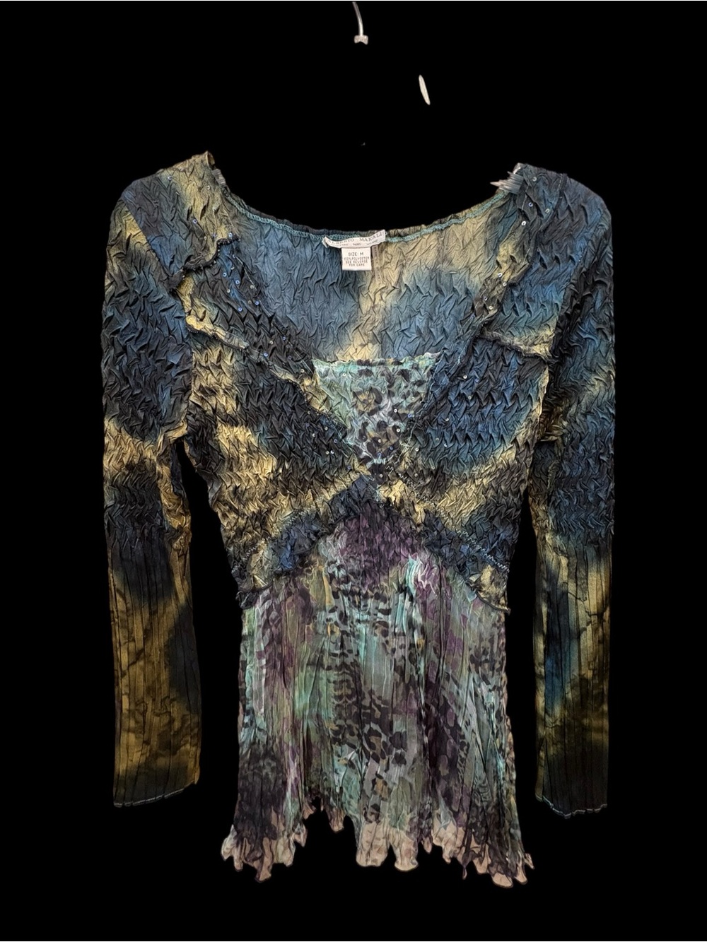 Alberto Makali Pleated Crinkle Babydoll Blouse Blue Green Y2K Size M